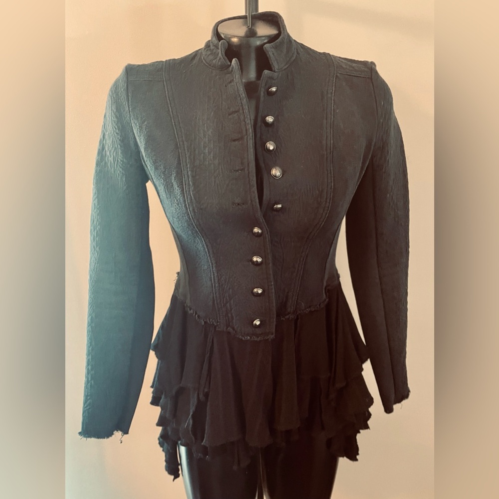 Free People Black Cotton Ruffle Miltary jacket